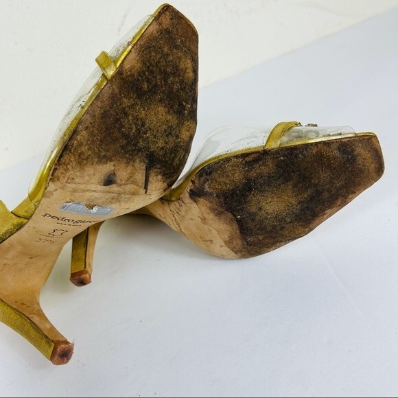 PEDRO GARCIA Retro Gold Metallic Jewel Glitter Peep Toe D'Orsay Heels Shoes 7.5 - Picture 14 of 16